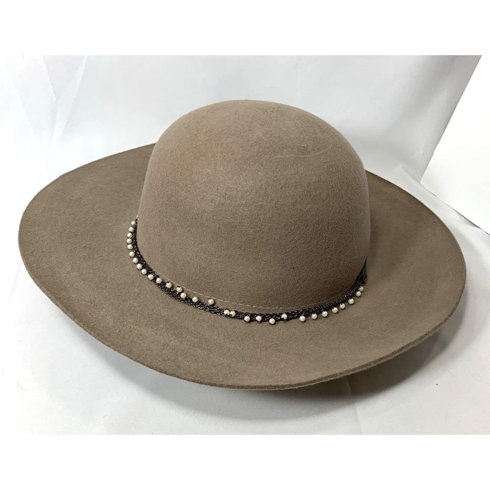BCBG Wide Brim Felt‎ Hat Womens Adjustable One Size Brown Pearl Boho Festival